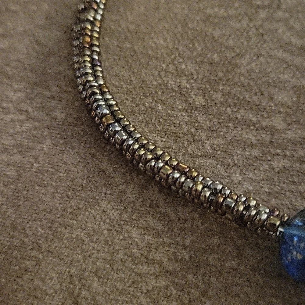 3/$30 VTG Navy Blue Beaded Sautoir Tassel Pendant Lavalier Necklace